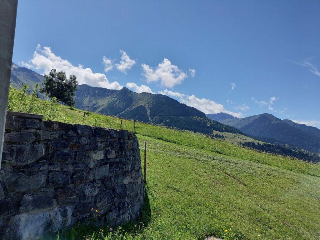Bergdorf Riein in Graubünden, SchweizBergpanorama und grüne Weide