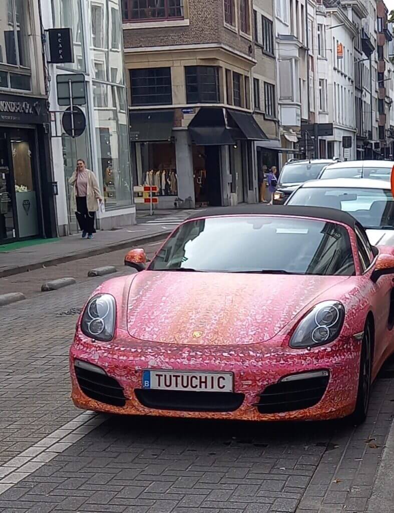 ausgefallener Porsche Tutuchic mit pinkbutem Muster und schwarzem Dach